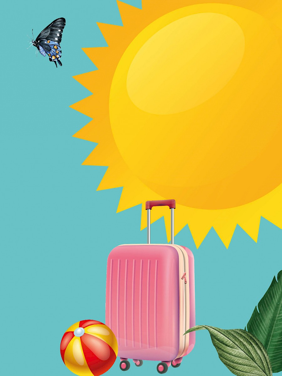 Beach ball, suitcase, stork, butterfly and sunshine