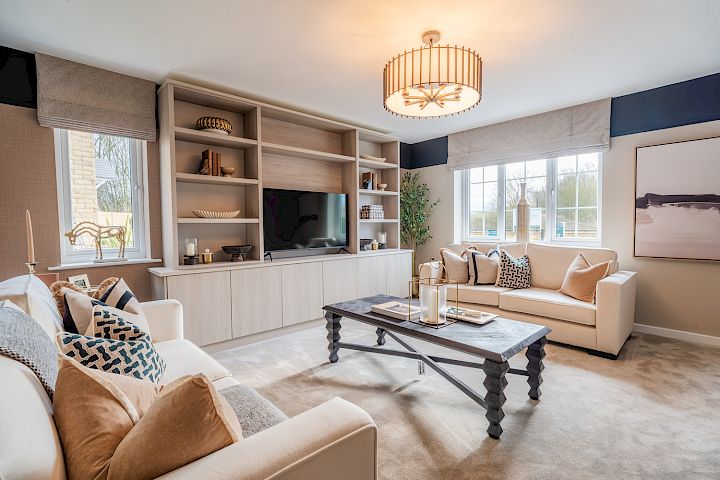 Open-plan living room with a built in television unit