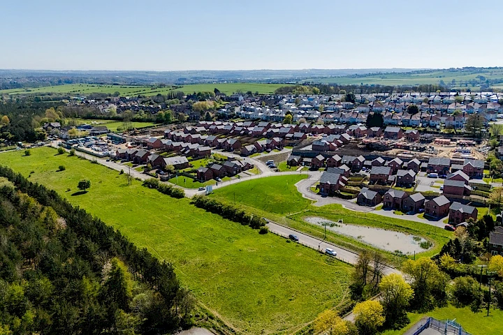 Drone shot of land and houses in Bearpark