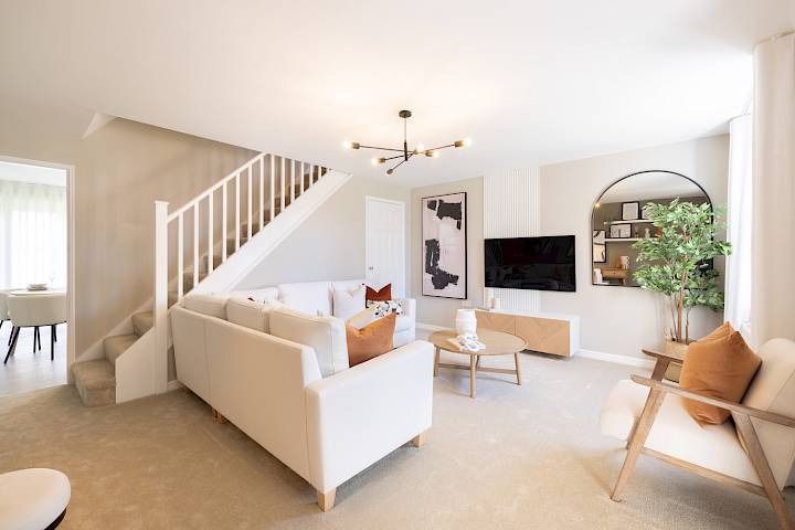 Neutrally decorated open-plan living room